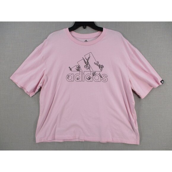 Adidas Soft Pink Floral Logo Graphic Tee Size XL Womens Casual Shirt - Picture 2 of 7